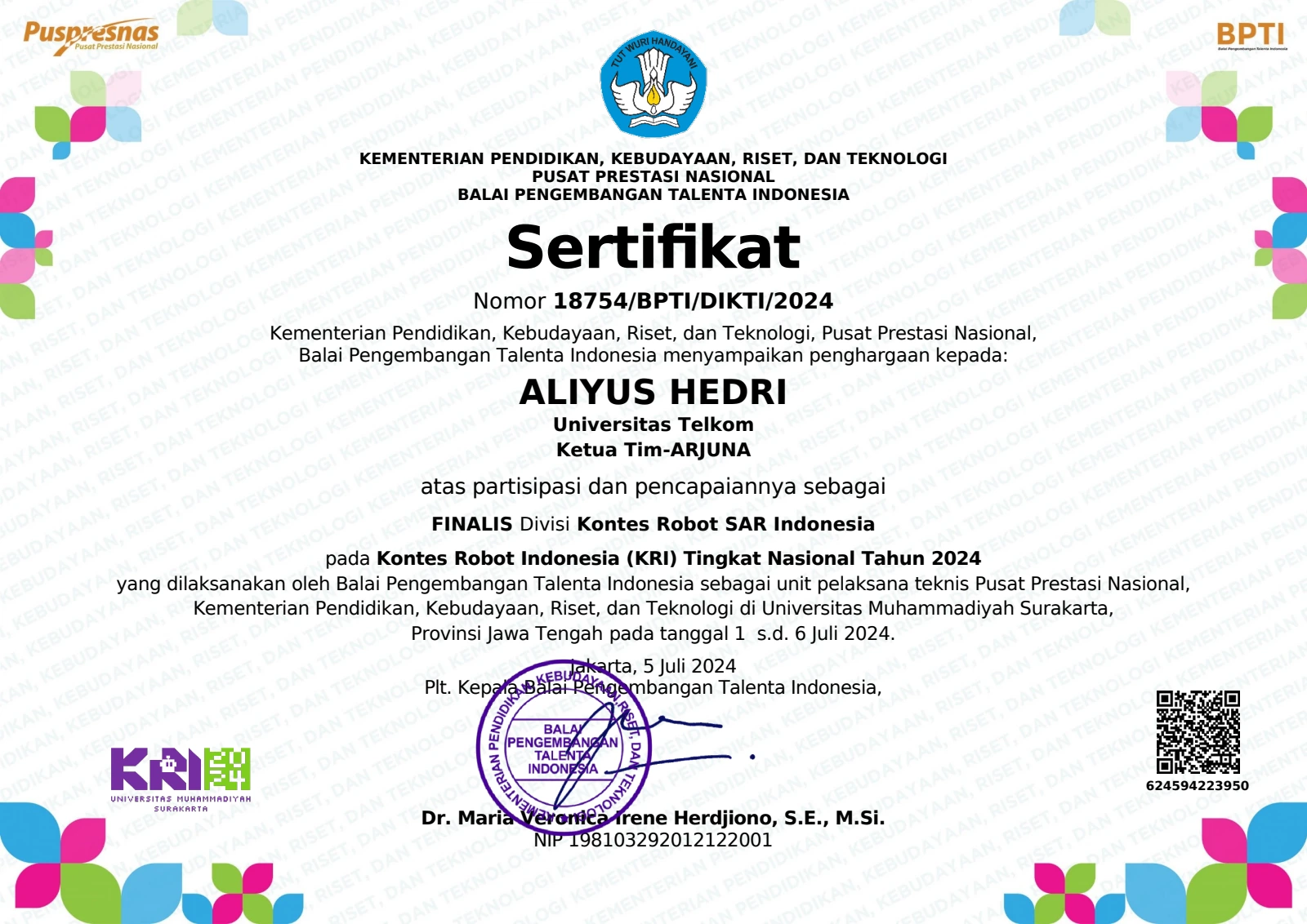 Certificate: Finalist, Kontes Robot Indonesia 2024