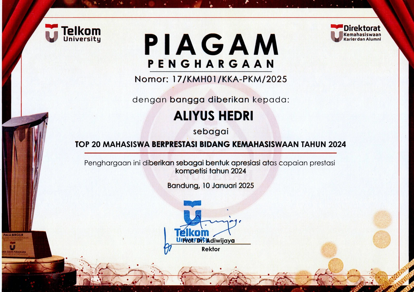 Certificate: Top 20 Student Achievement Award